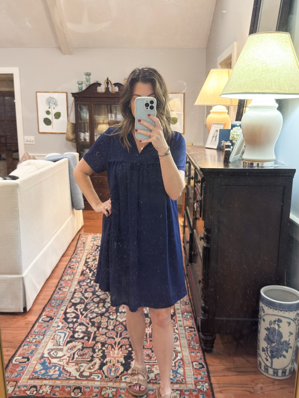 Navy Short-Sleeve V-Neck Swing Dress